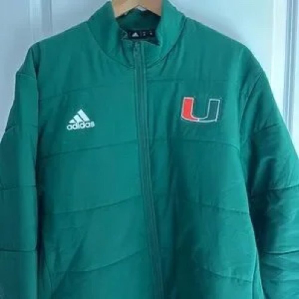 Men's Adidas University of Miami Team Quilted Puffer Jacket - Green - Size XL